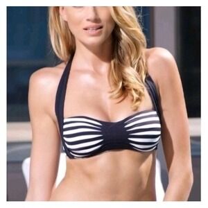 Anne Cole Nautical Stripe L Navy White Halter Ruched Bandeau Luxe Resort Swim